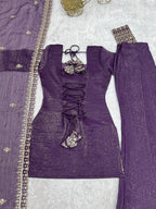 Designer Wine Crunchy Silk Embroidered Kurta with Bell Bottom & Dupatta