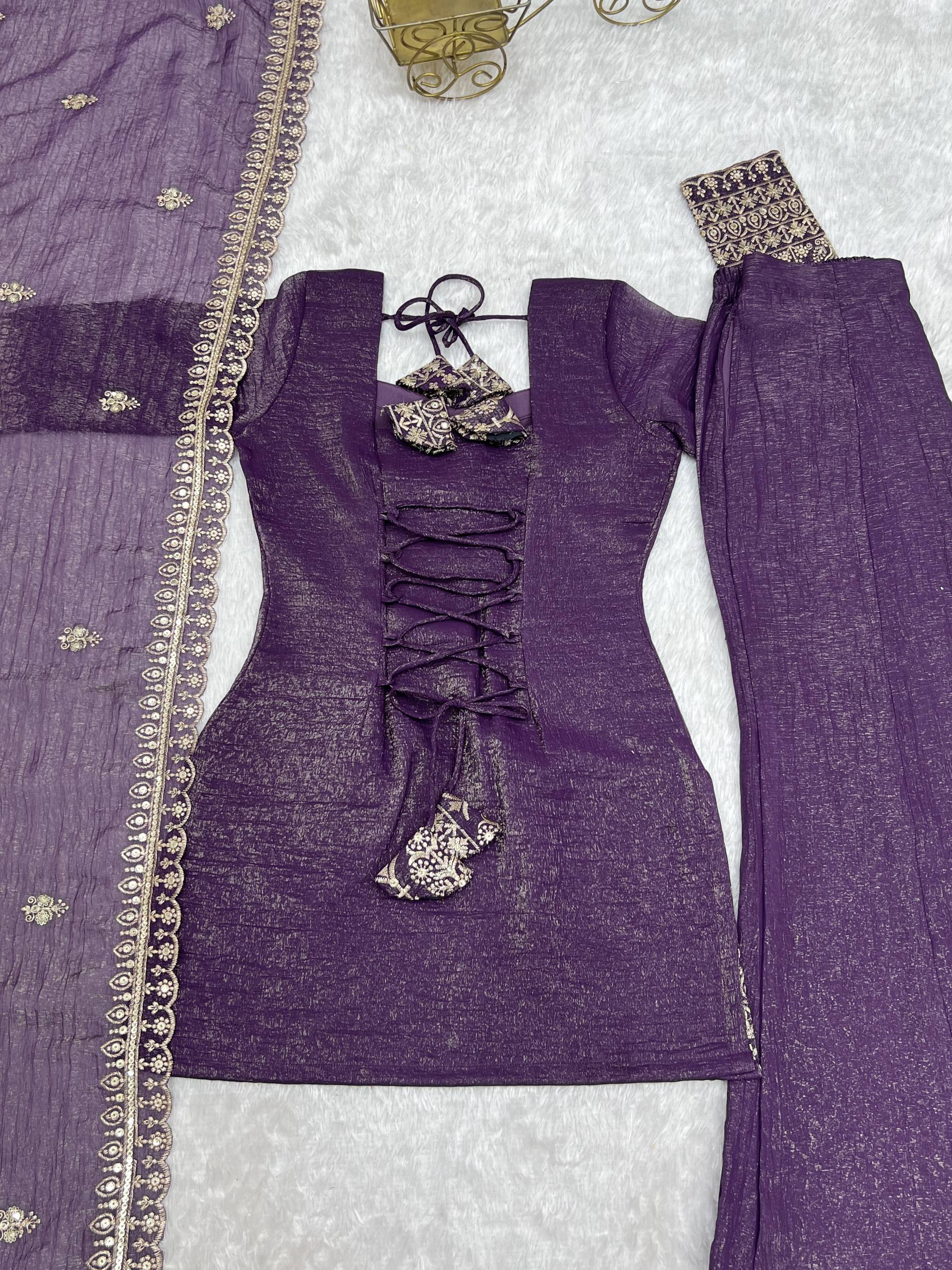 Designer Wine Crunchy Silk Embroidered Kurta with Bell Bottom & Dupatta