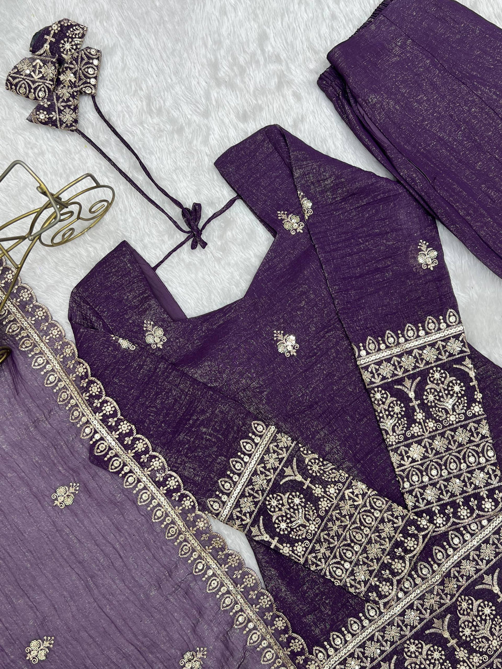 Designer Wine Crunchy Silk Embroidered Kurta with Bell Bottom & Dupatta