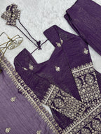 Designer Wine Crunchy Silk Embroidered Kurta with Bell Bottom & Dupatta