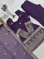 Designer Wine Crunchy Silk Embroidered Kurta with Bell Bottom & Dupatta
