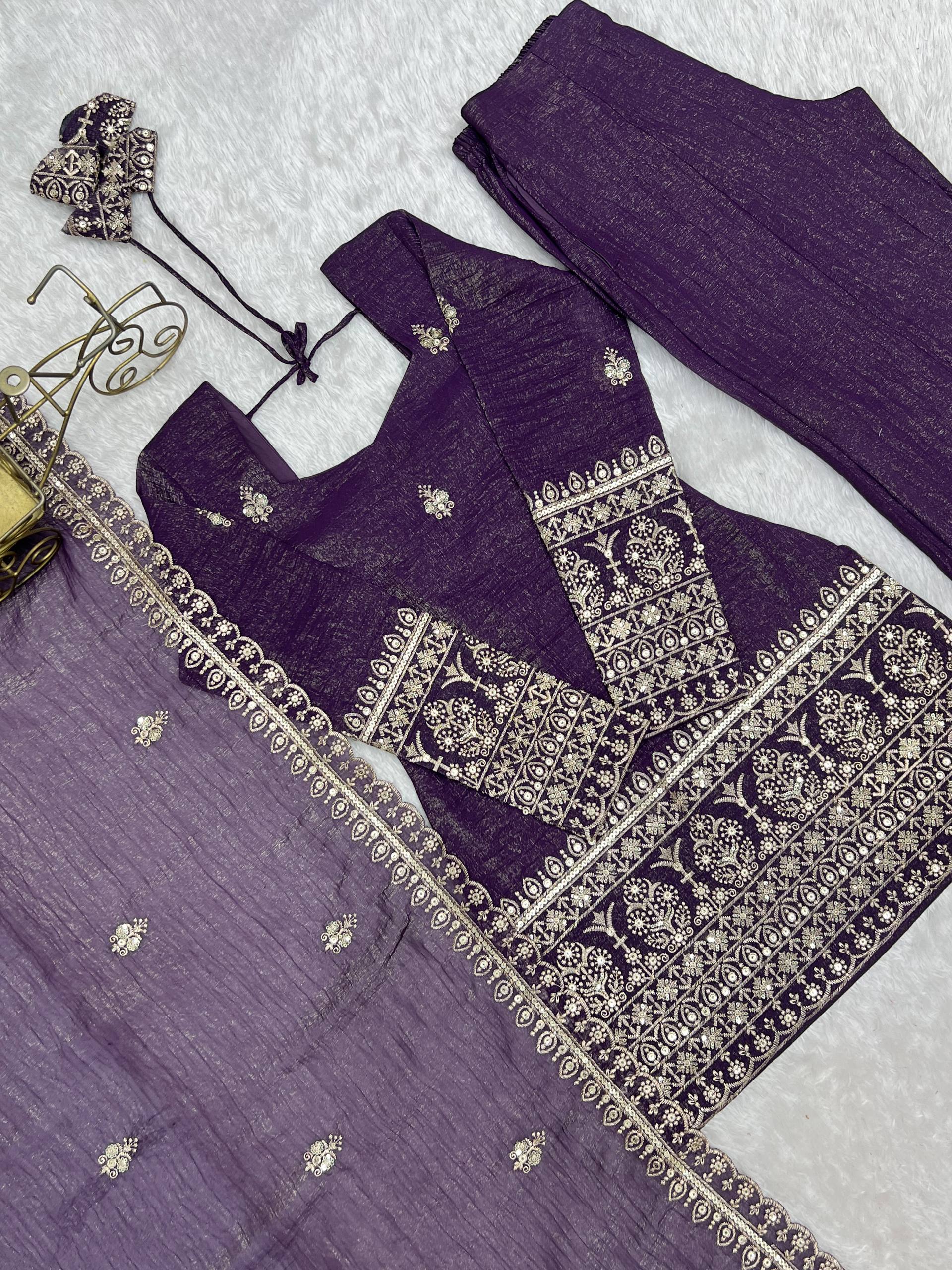 Designer Wine Crunchy Silk Embroidered Kurta with Bell Bottom & Dupatta