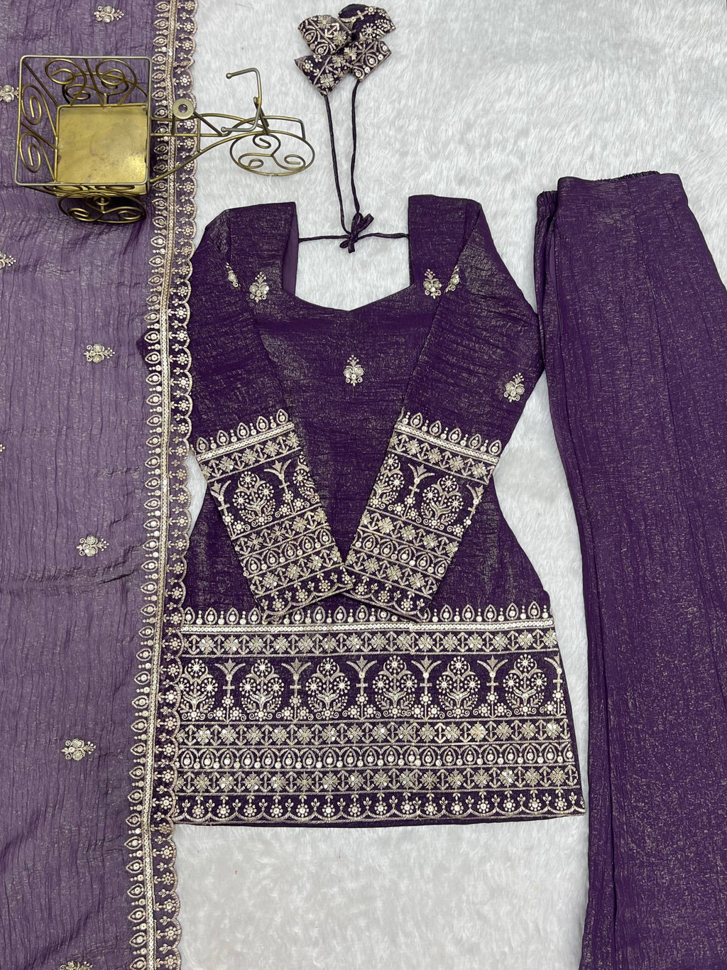 Designer Wine Crunchy Silk Embroidered Kurta with Bell Bottom & Dupatta