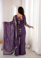 Designer Wine Crunchy Silk Embroidered Kurta with Bell Bottom & Dupatta