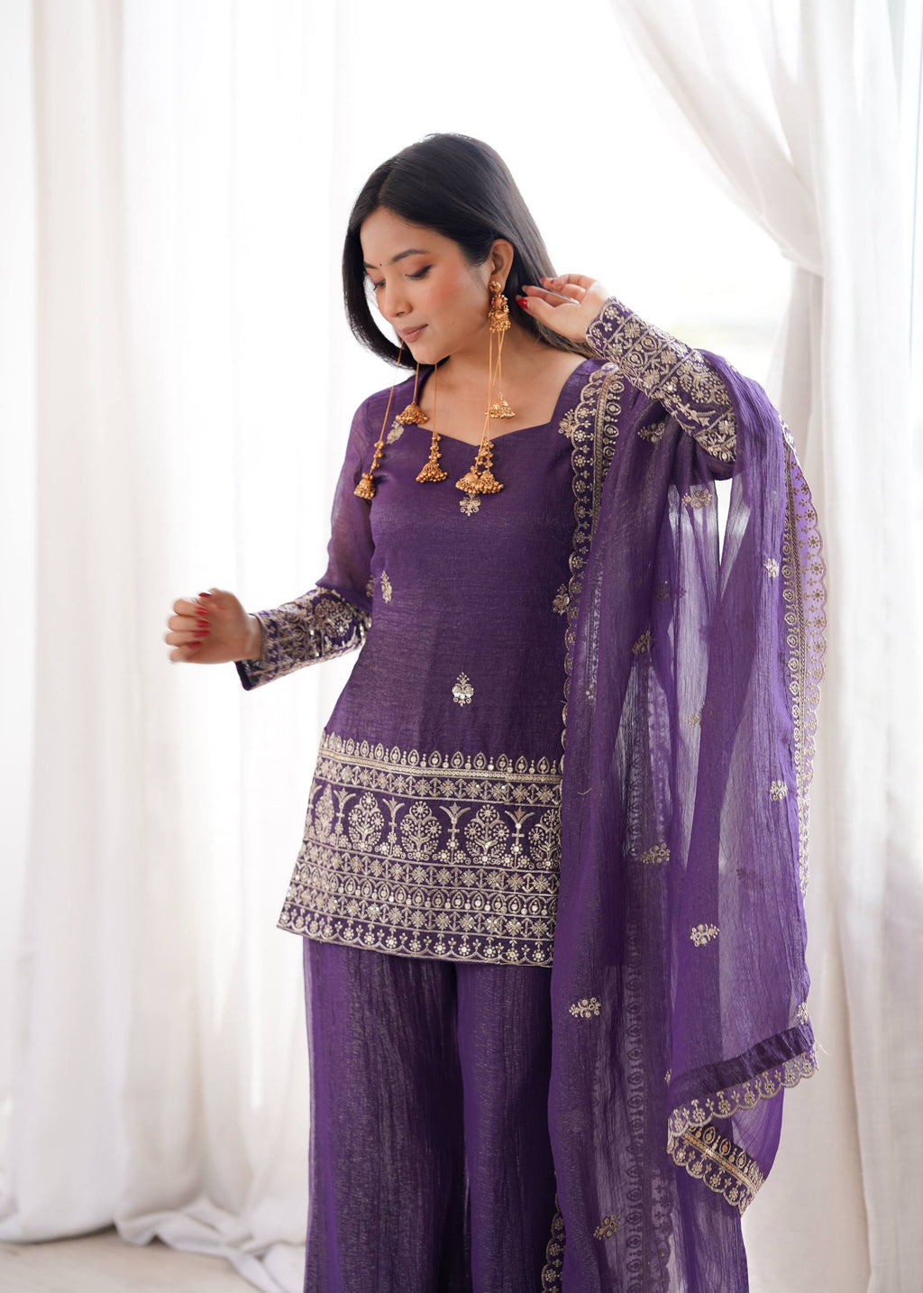 Designer Wine Crunchy Silk Embroidered Kurta with Bell Bottom & Dupatta