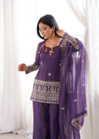 Designer Wine Crunchy Silk Embroidered Kurta with Bell Bottom & Dupatta
