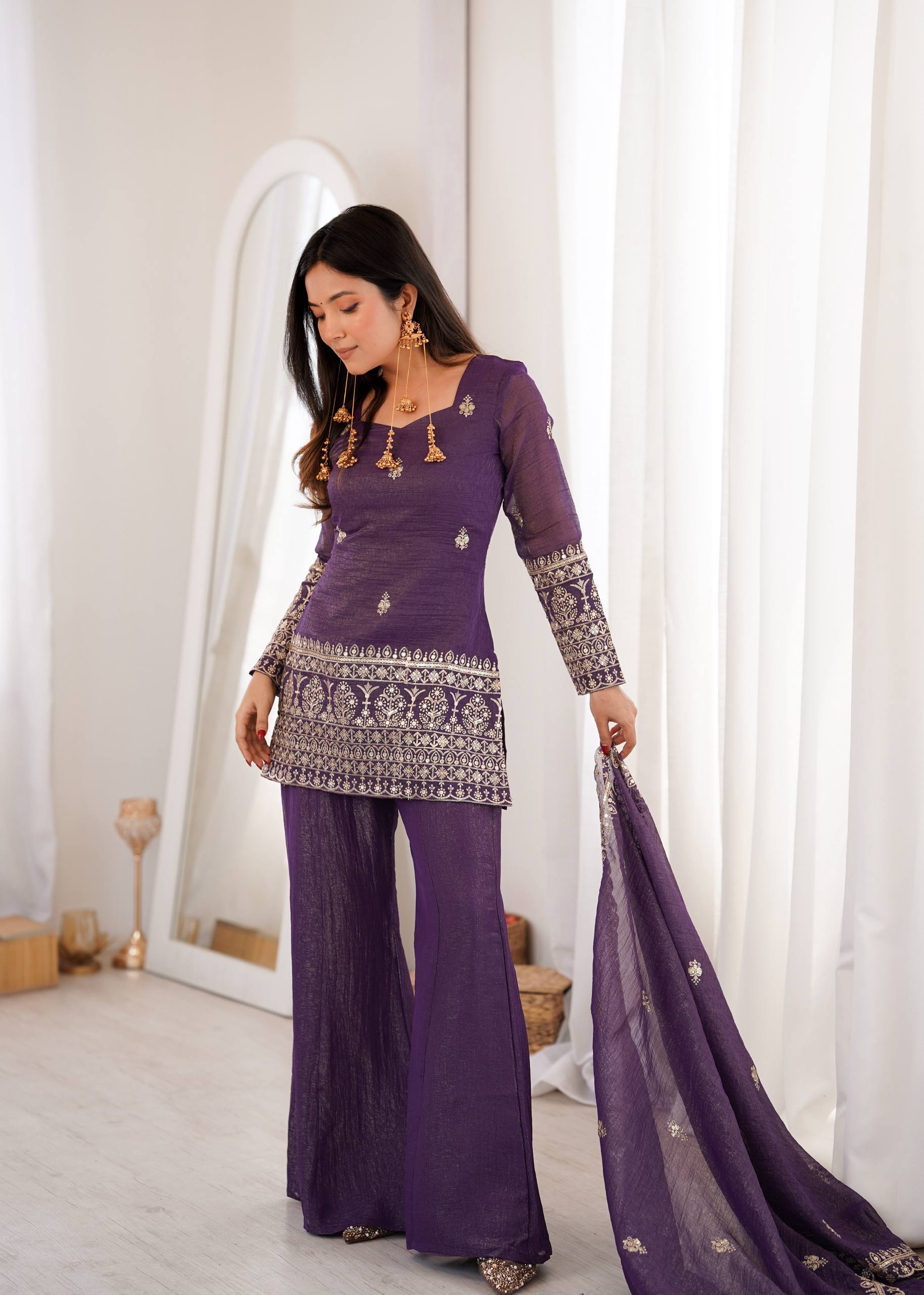 Designer Wine Crunchy Silk Embroidered Kurta with Bell Bottom & Dupatta