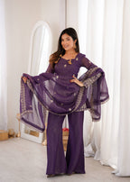 Designer Wine Crunchy Silk Embroidered Kurta with Bell Bottom & Dupatta
