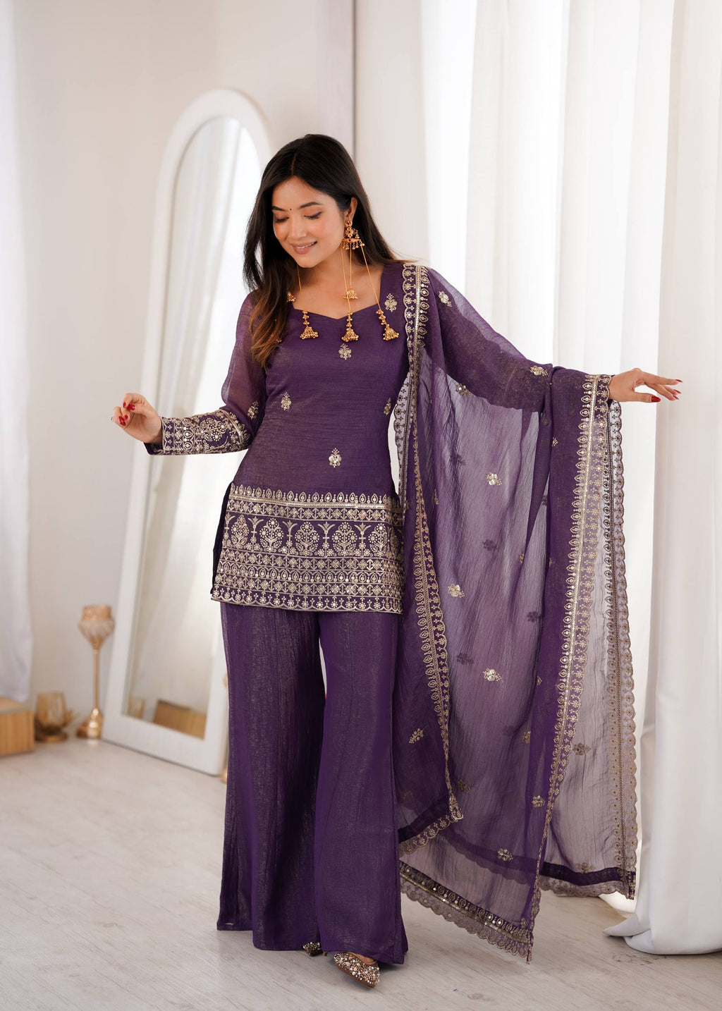 Designer Wine Crunchy Silk Embroidered Kurta with Bell Bottom & Dupatta