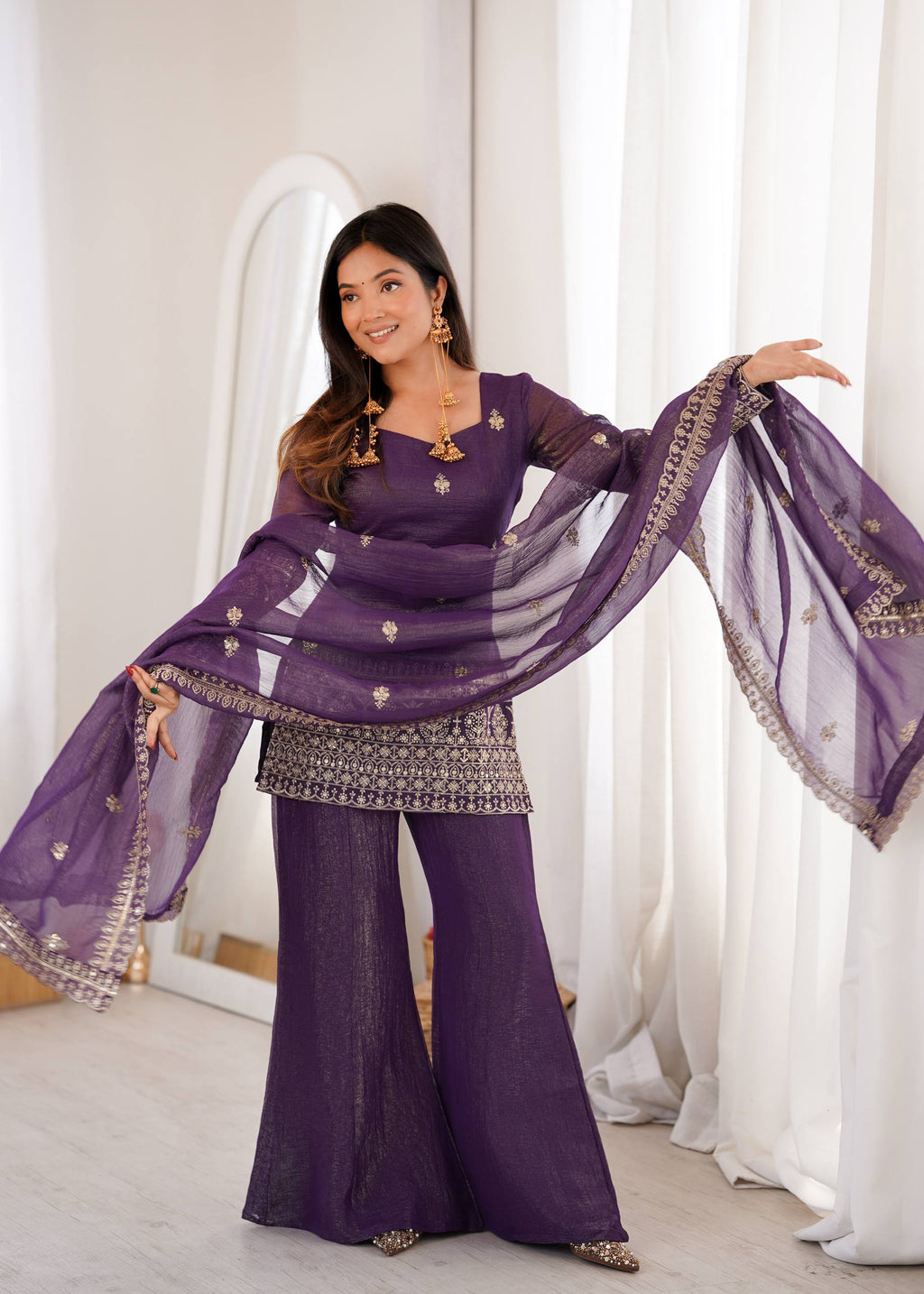 Designer Wine Crunchy Silk Embroidered Kurta with Bell Bottom & Dupatta