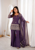 Designer Wine Crunchy Silk Embroidered Kurta with Bell Bottom & Dupatta