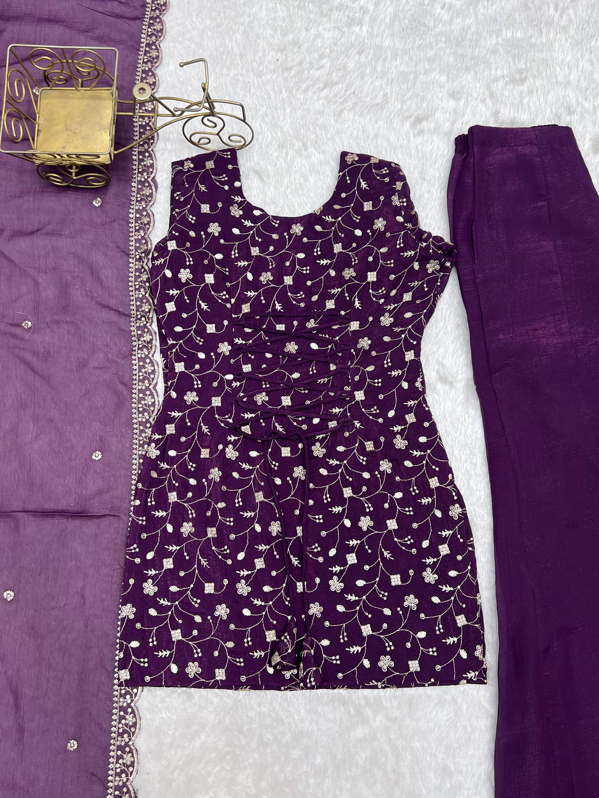 Sharvik Crunchy Silk Embroidered Kurta with Bell Bottom & Dupatta