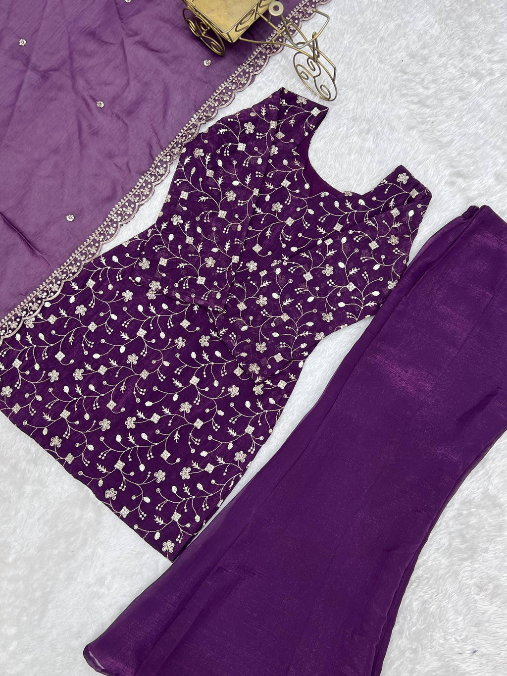 Sharvik Crunchy Silk Embroidered Kurta with Bell Bottom & Dupatta