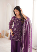 Sharvik Crunchy Silk Embroidered Kurta with Bell Bottom & Dupatta