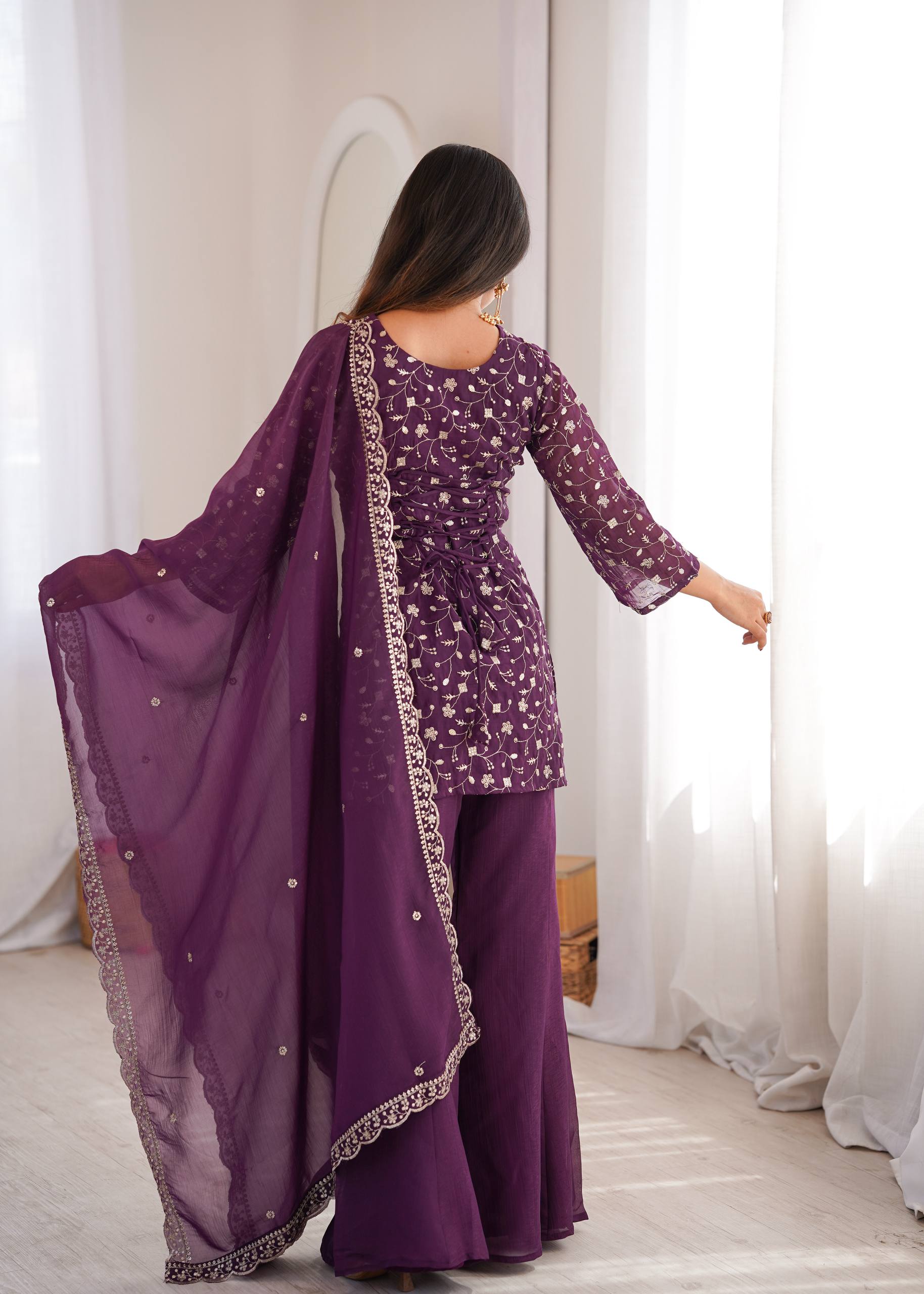 Sharvik Crunchy Silk Embroidered Kurta with Bell Bottom & Dupatta