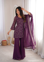Sharvik Crunchy Silk Embroidered Kurta with Bell Bottom & Dupatta