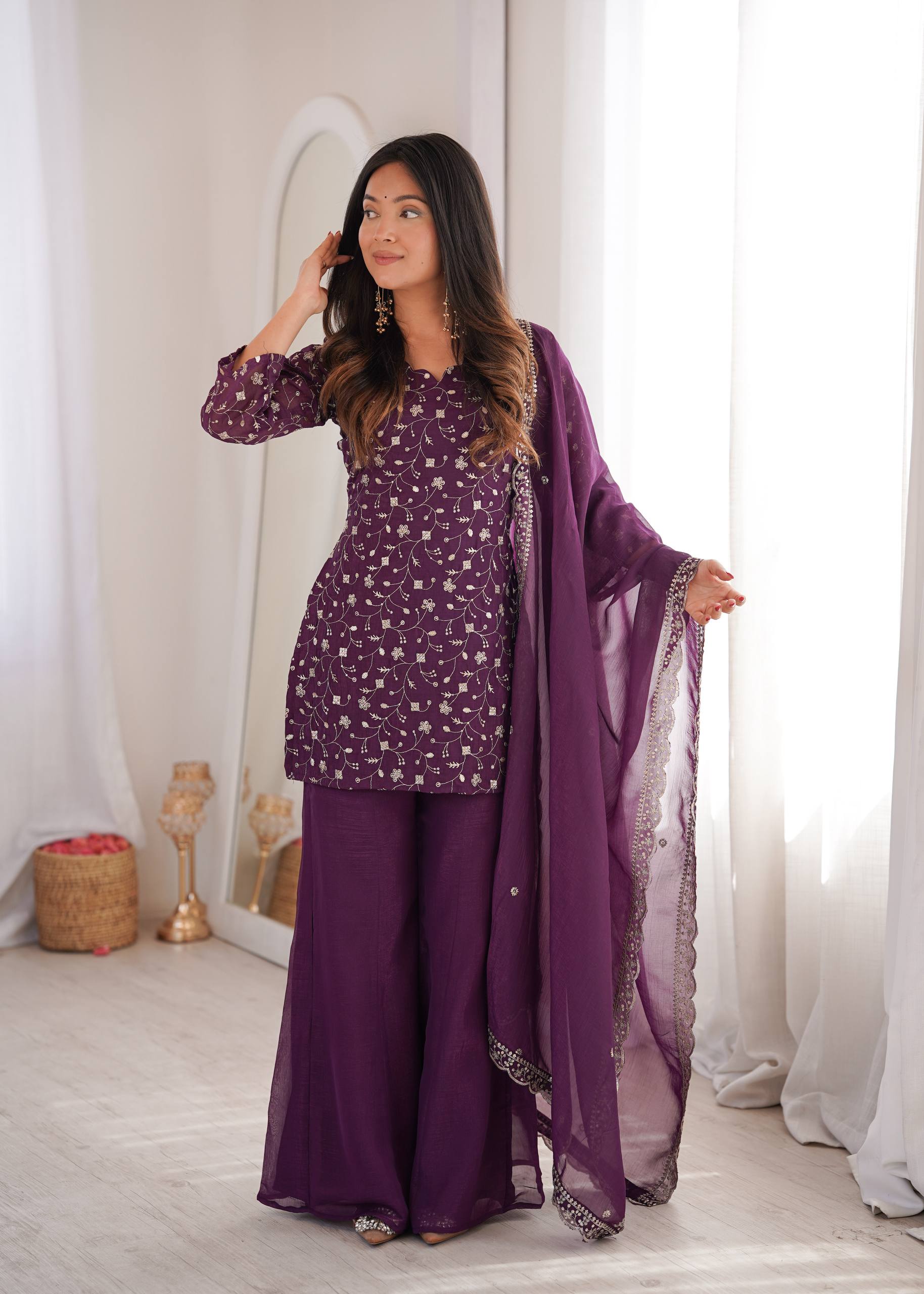 Sharvik Crunchy Silk Embroidered Kurta with Bell Bottom & Dupatta