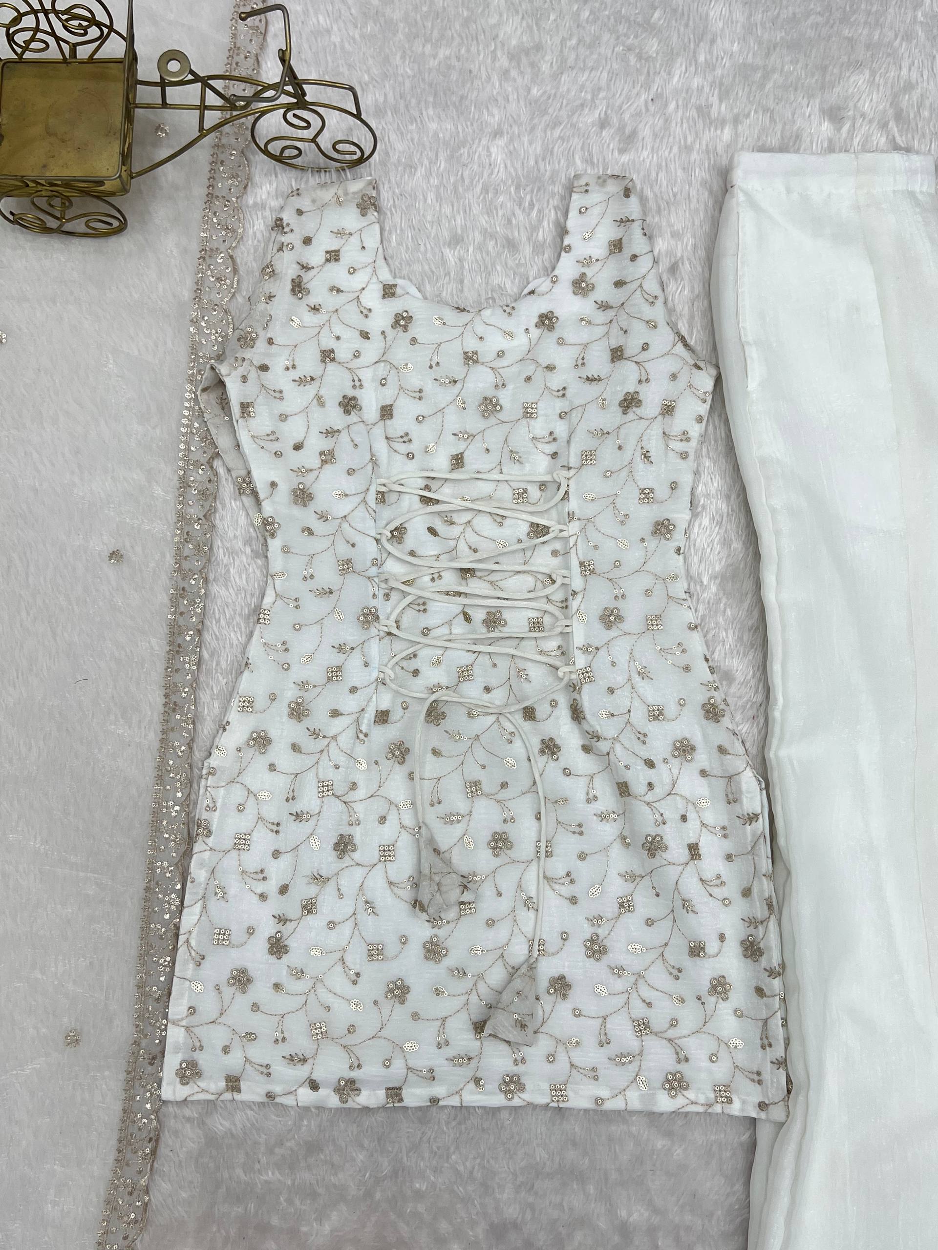 Sharvik Crunchy Silk Embroidered Kurta with Bell Bottom & Dupatta