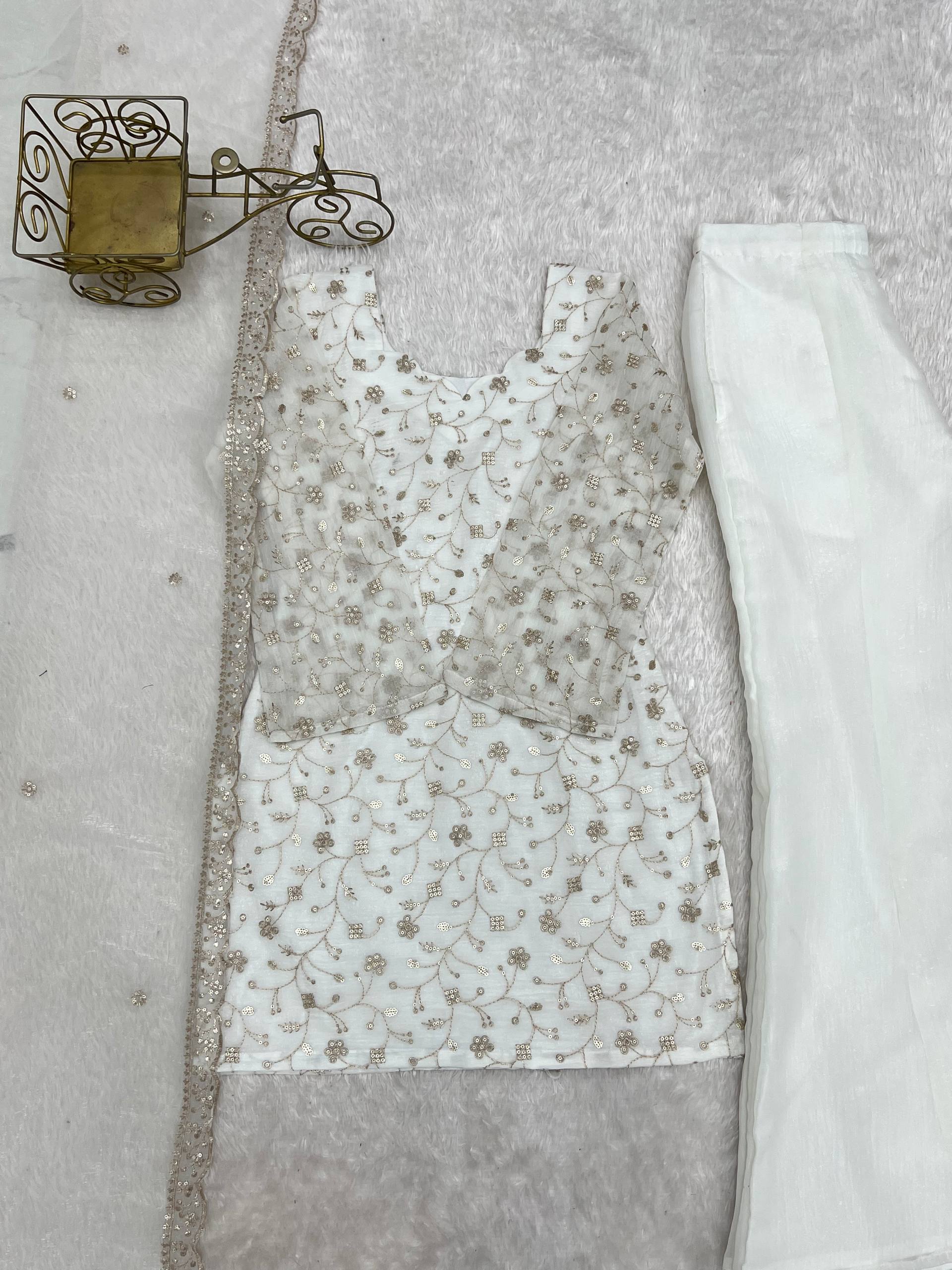Sharvik Crunchy Silk Embroidered Kurta with Bell Bottom & Dupatta