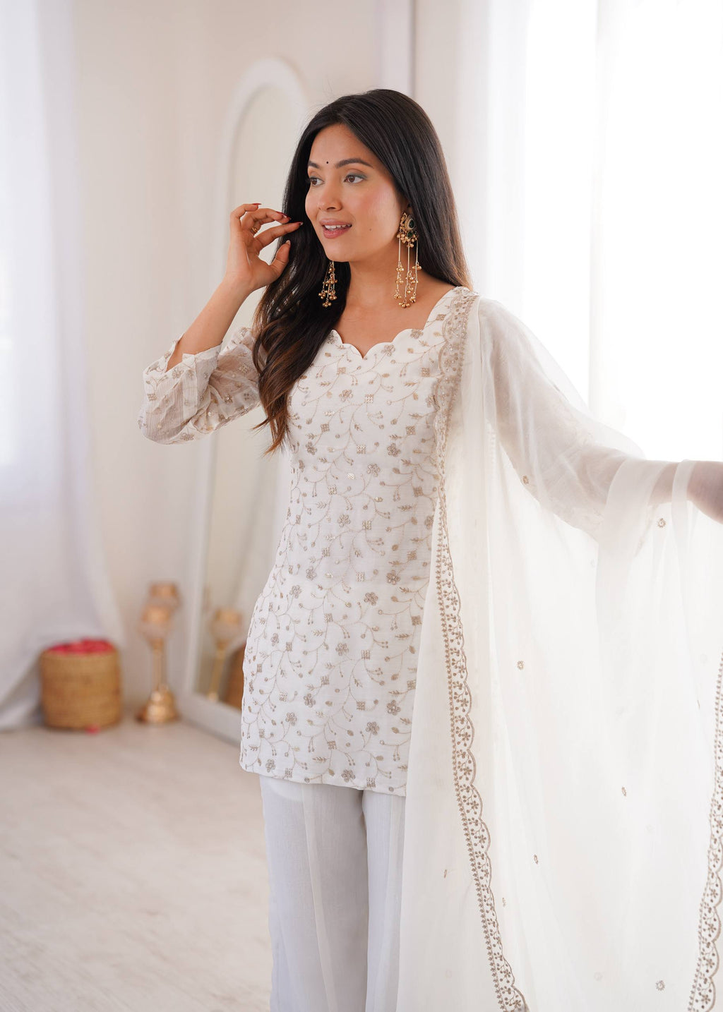 Sharvik Crunchy Silk Embroidered Kurta with Bell Bottom & Dupatta