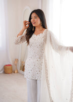 Sharvik Crunchy Silk Embroidered Kurta with Bell Bottom & Dupatta