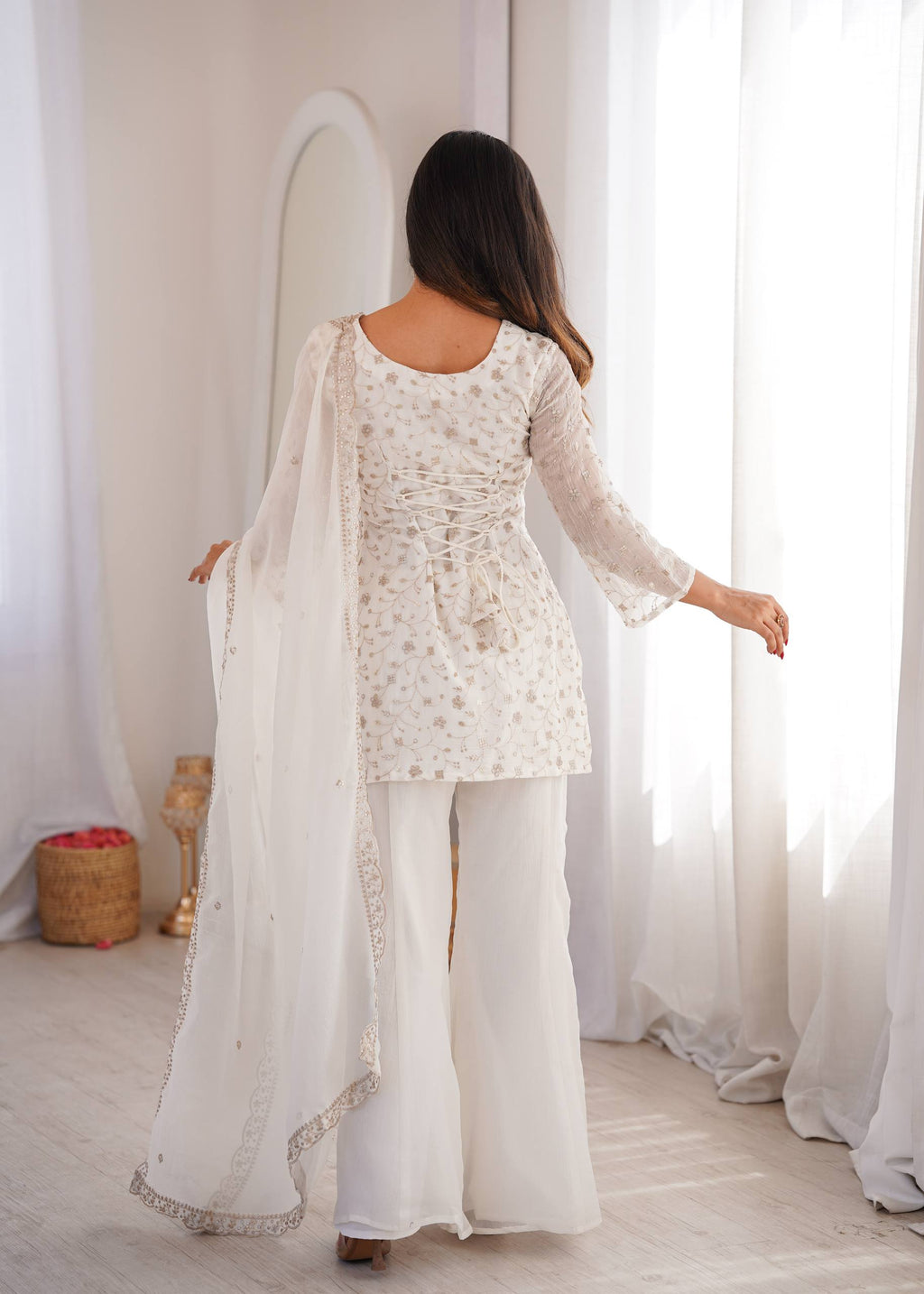 Sharvik Crunchy Silk Embroidered Kurta with Bell Bottom & Dupatta