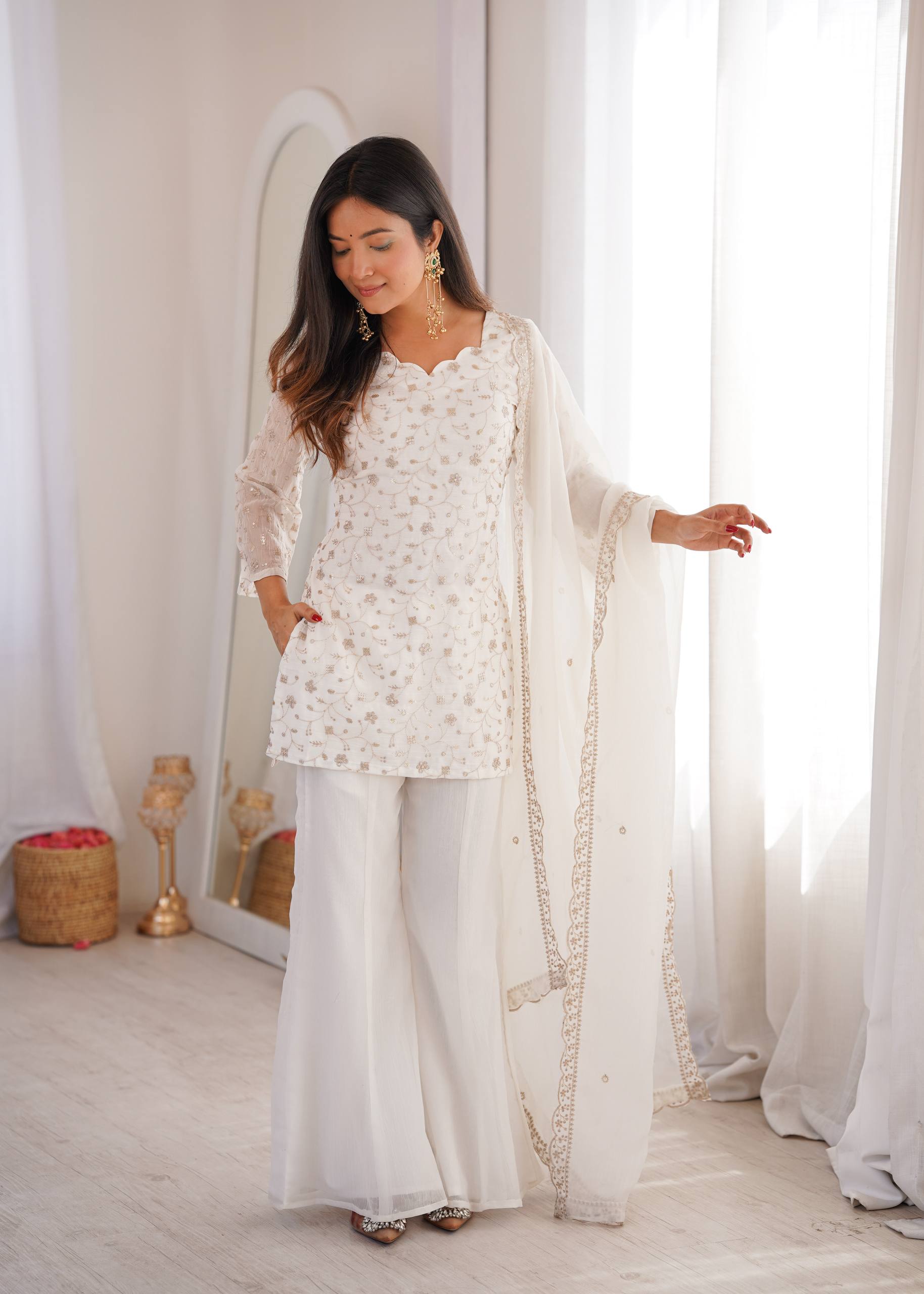 Sharvik Crunchy Silk Embroidered Kurta with Bell Bottom & Dupatta