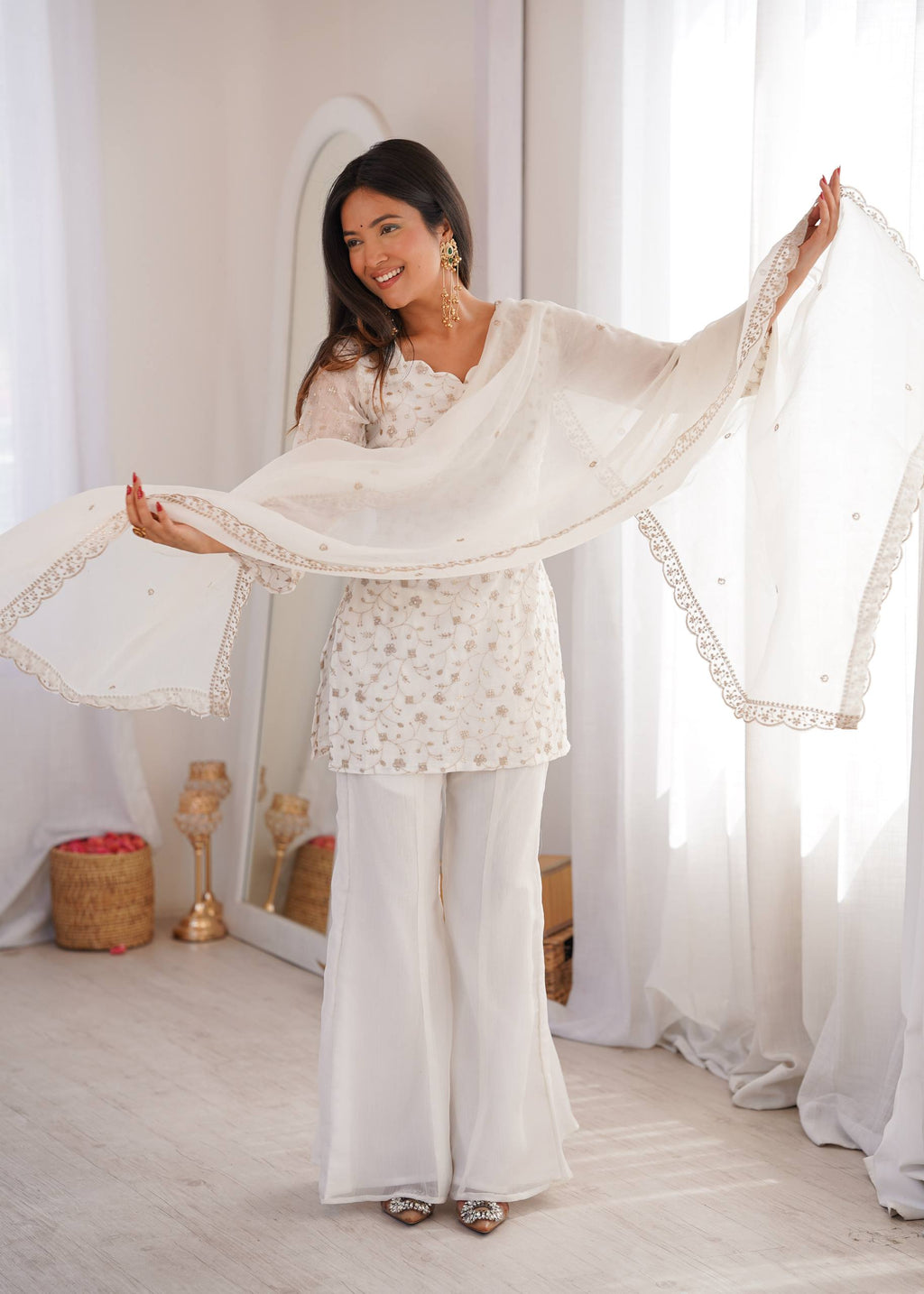 Sharvik Crunchy Silk Embroidered Kurta with Bell Bottom & Dupatta
