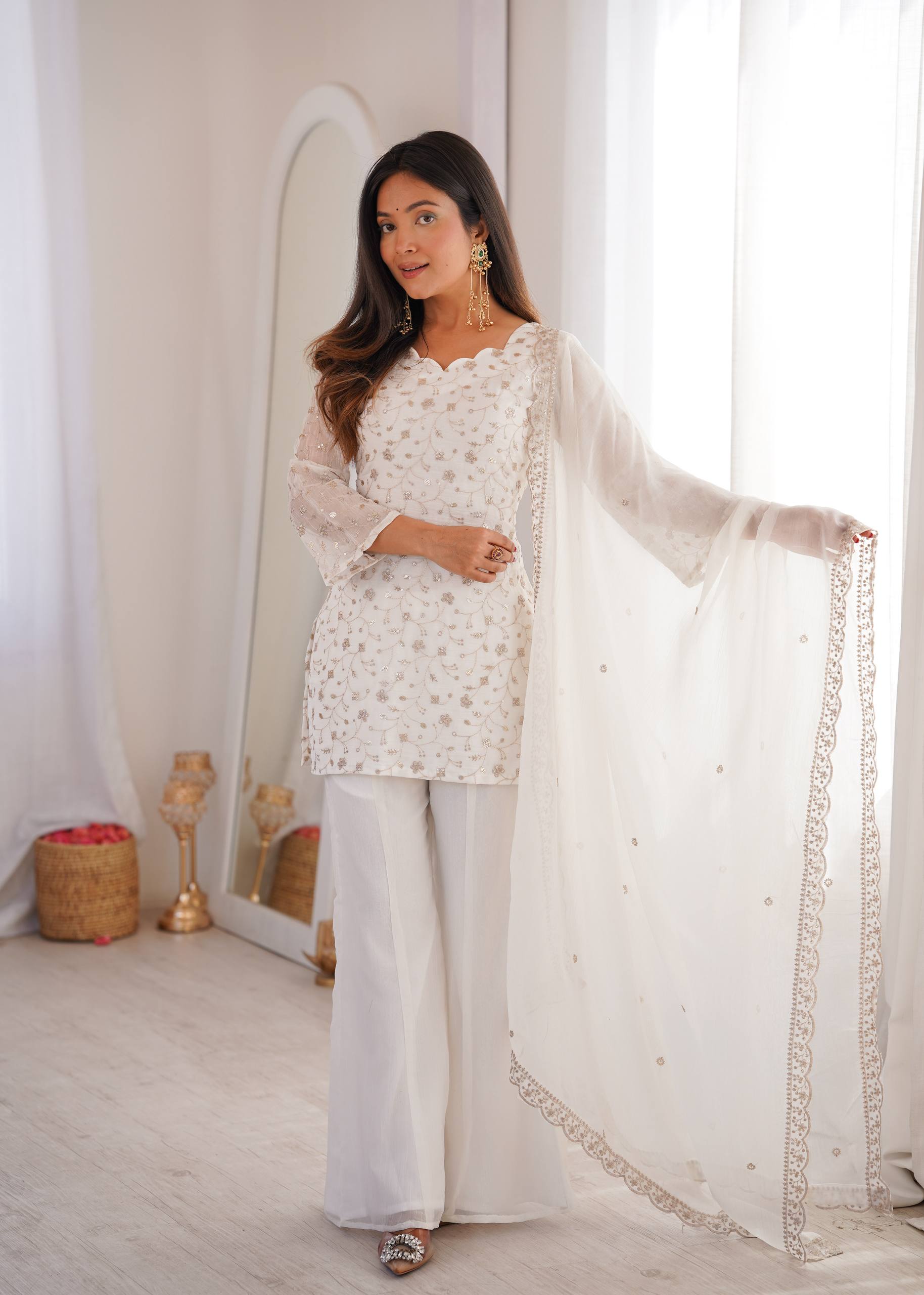 Sharvik Crunchy Silk Embroidered Kurta with Bell Bottom & Dupatta
