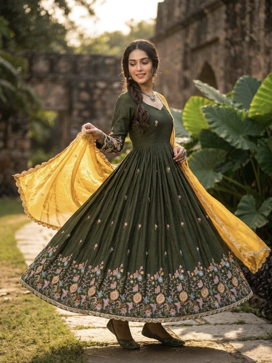 Yuktika Fendi Silk Heavy Embroidered Gown with Dupatta