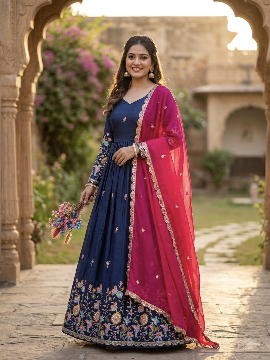 Yuktika Fendi Silk Heavy Embroidered Gown with Dupatta