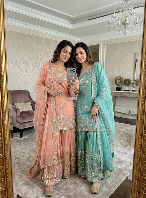 Avyara Organza Twine Net 5mm Sequins Embroidered Sarara Suit with Dupatta