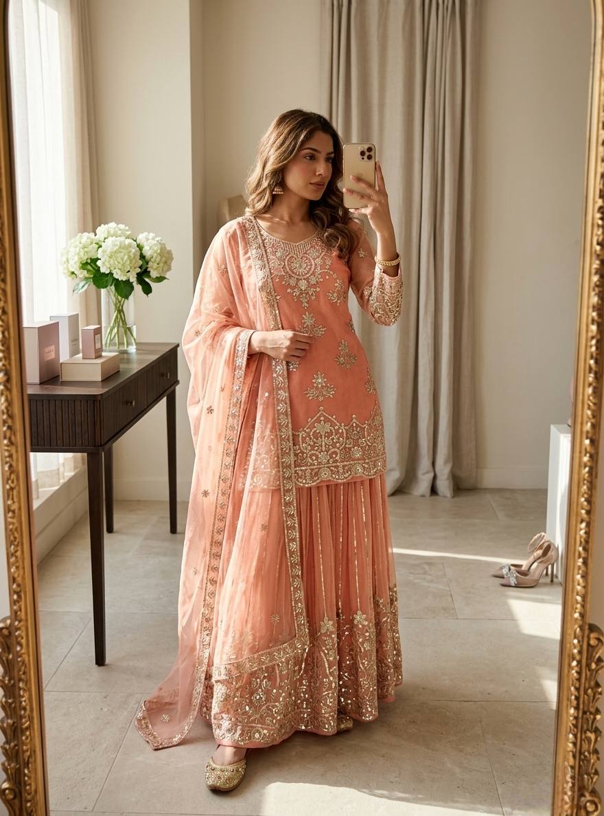 Avyara Organza Twine Net 5mm Sequins Embroidered Sarara Suit with Dupatta