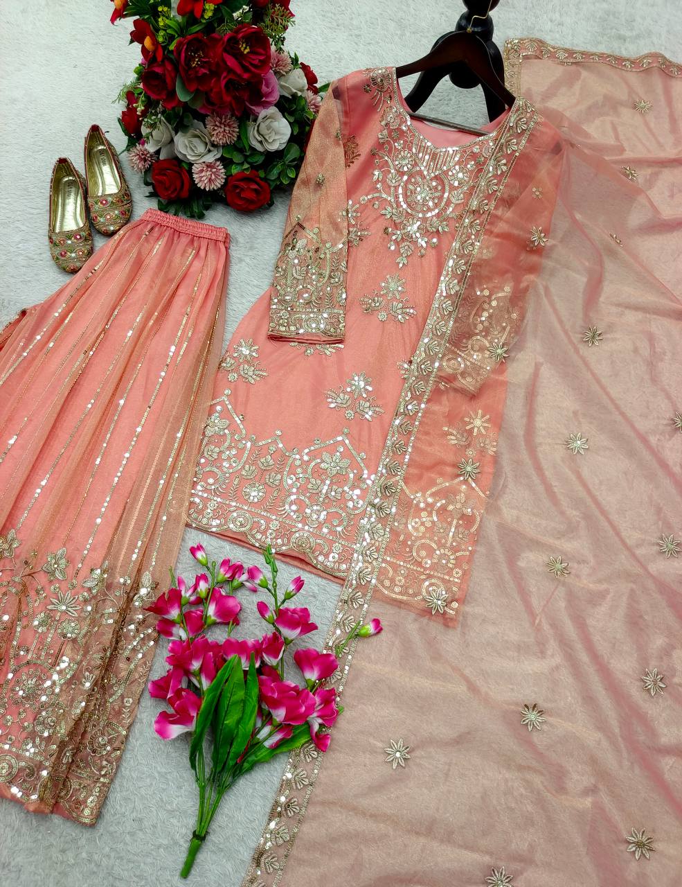Avyara Organza Twine Net 5mm Sequins Embroidered Sarara Suit with Dupatta