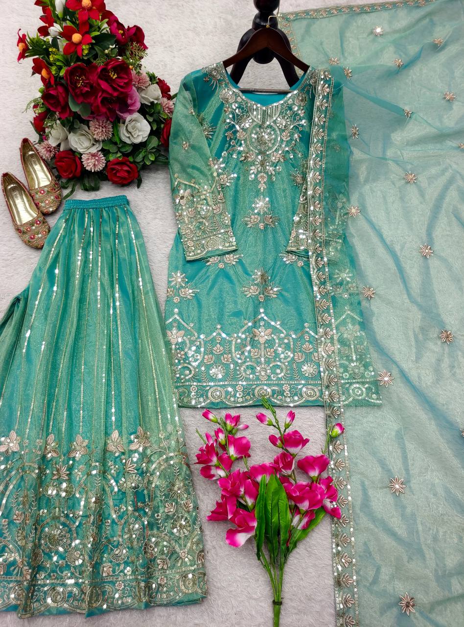 Avyara Organza Twine Net 5mm Sequins Embroidered Sarara Suit with Dupatta
