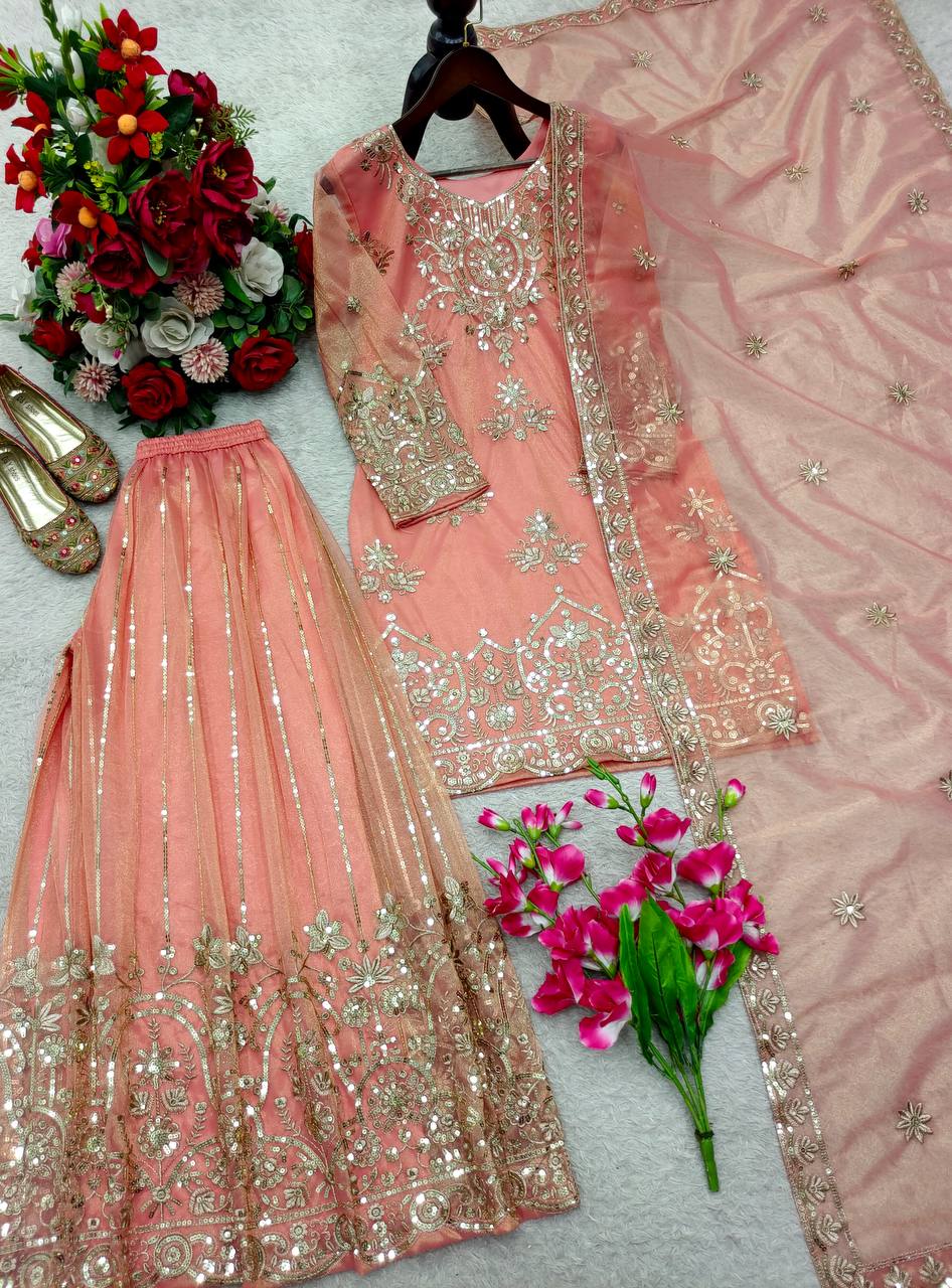 Avyara Organza Twine Net 5mm Sequins Embroidered Sarara Suit with Dupatta