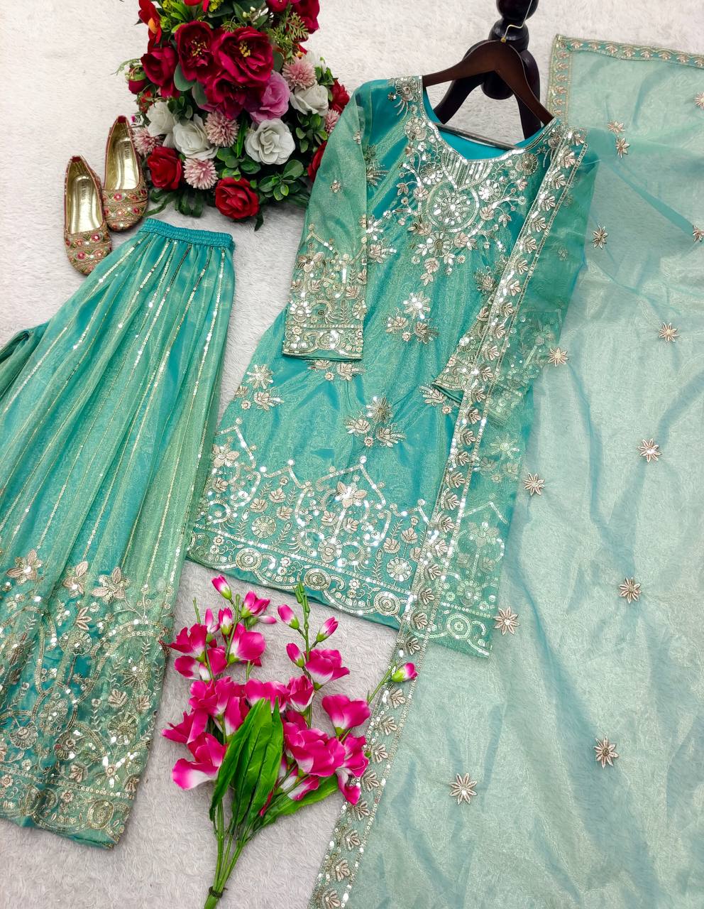 Avyara Organza Twine Net 5mm Sequins Embroidered Sarara Suit with Dupatta