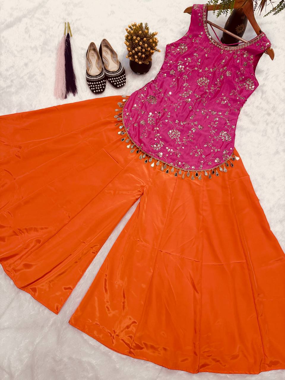 Zareena Chinon Silk Multi Needle Embroidery Sharara Suit with Natural Crepe Silk Bottom