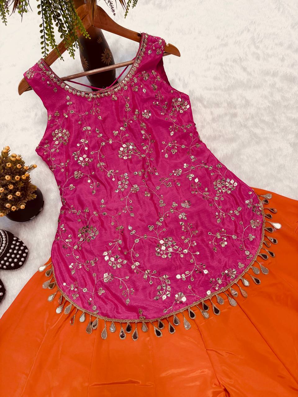 Zareena Chinon Silk Multi Needle Embroidery Sharara Suit with Natural Crepe Silk Bottom