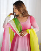Rangmahal Colourful Georgette Anarkali Set with Chanderi Pant & Lace Dupatta