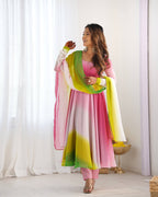 Rangmahal Colourful Georgette Anarkali Set with Chanderi Pant & Lace Dupatta