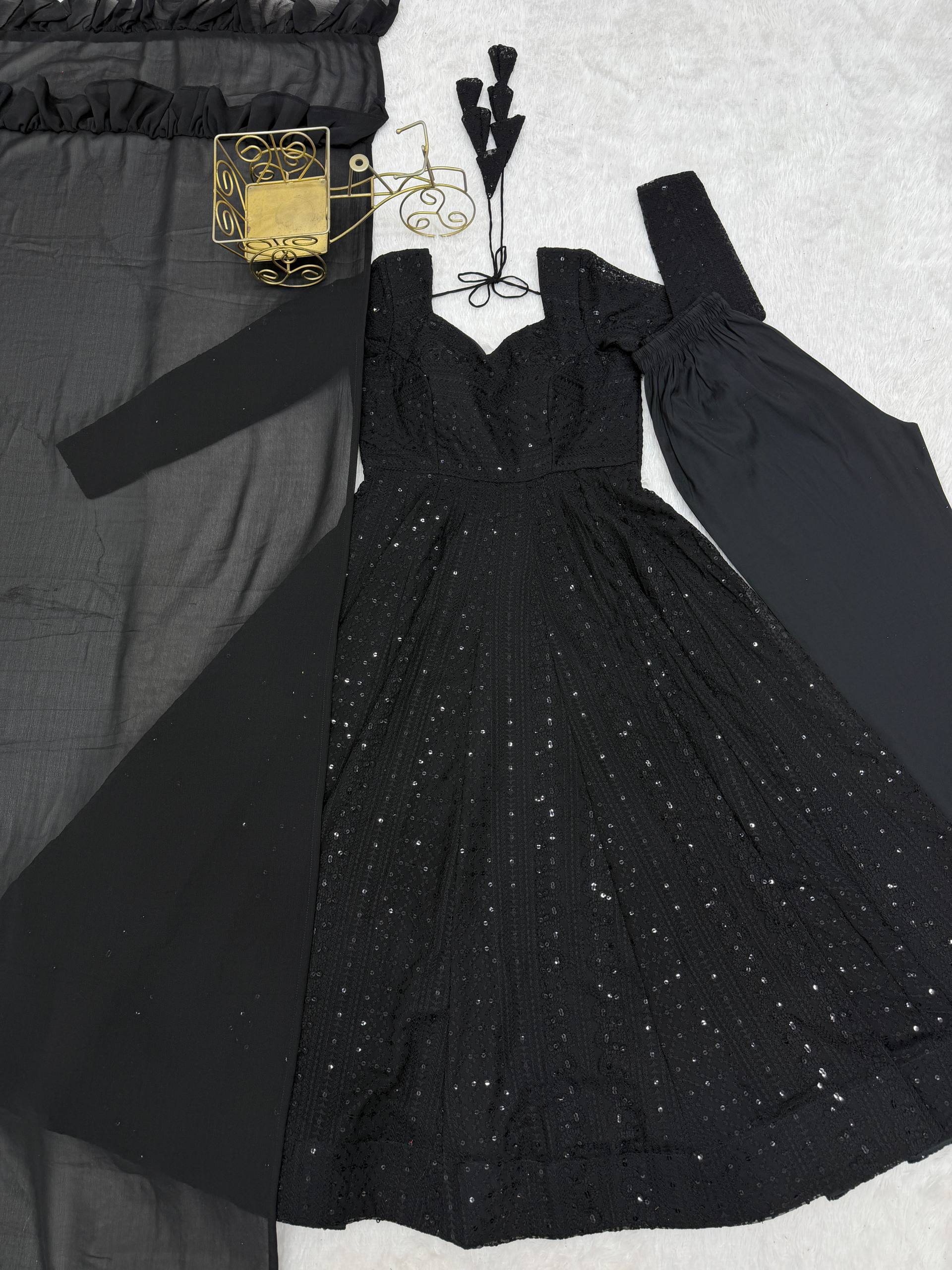 Noor-e-Lucknow Georgette Anarkali Set with Ruffle Dupatta & Pant