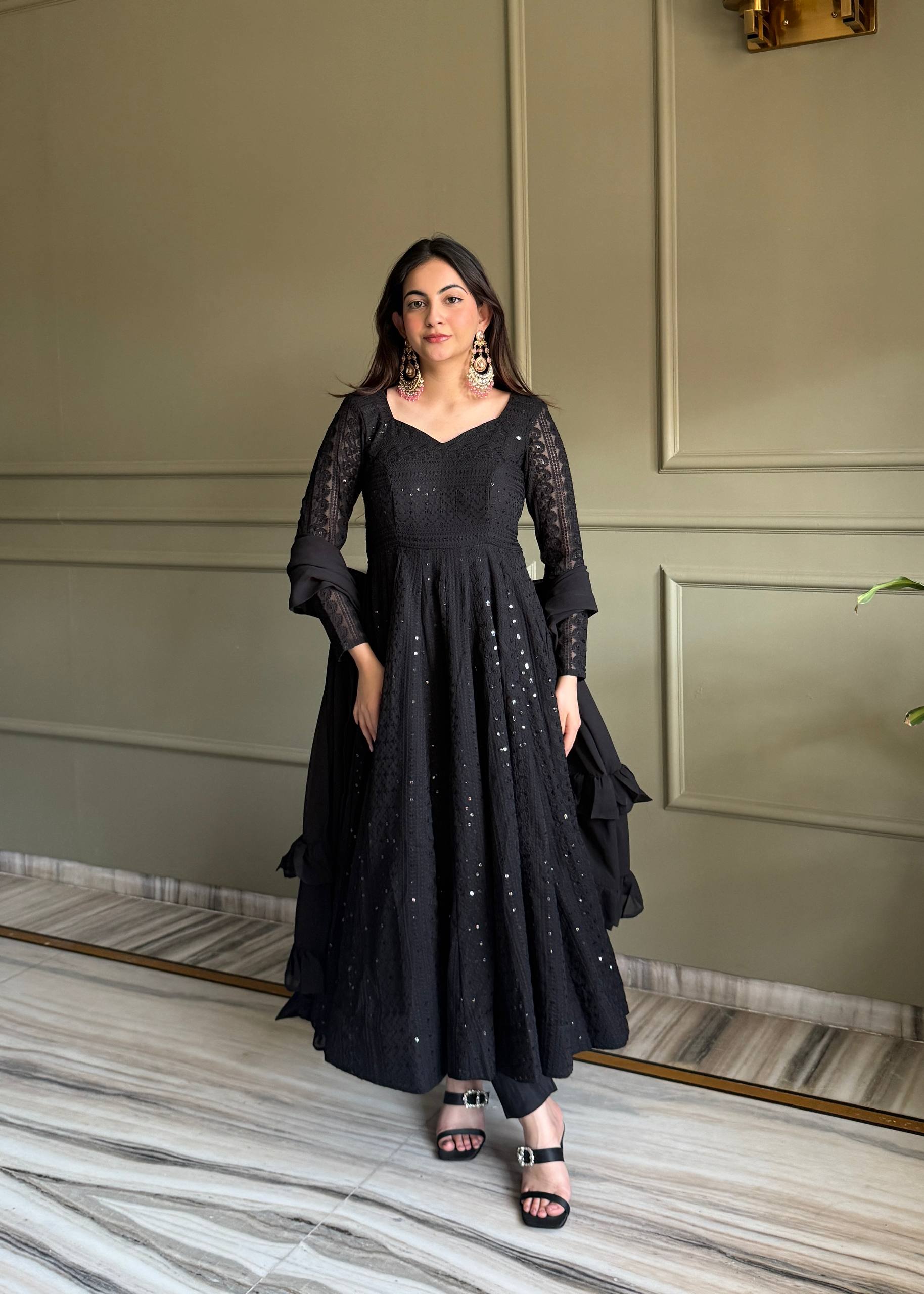 Noor-e-Lucknow Georgette Anarkali Set with Ruffle Dupatta & Pant