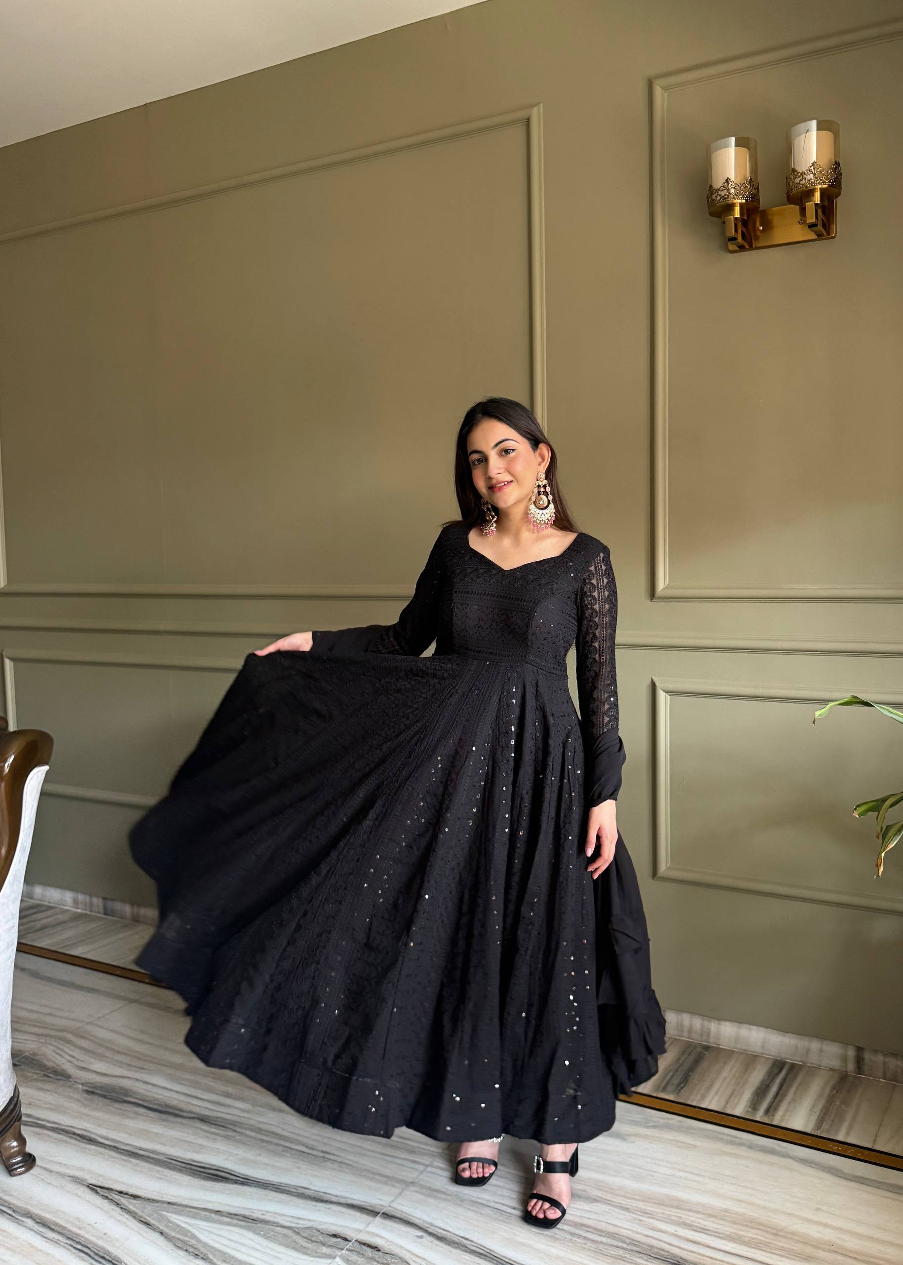 Noor-e-Lucknow Georgette Anarkali Set with Ruffle Dupatta & Pant