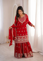 Mehrang Red Georgette Embroidered Sharara Set with Dupatta