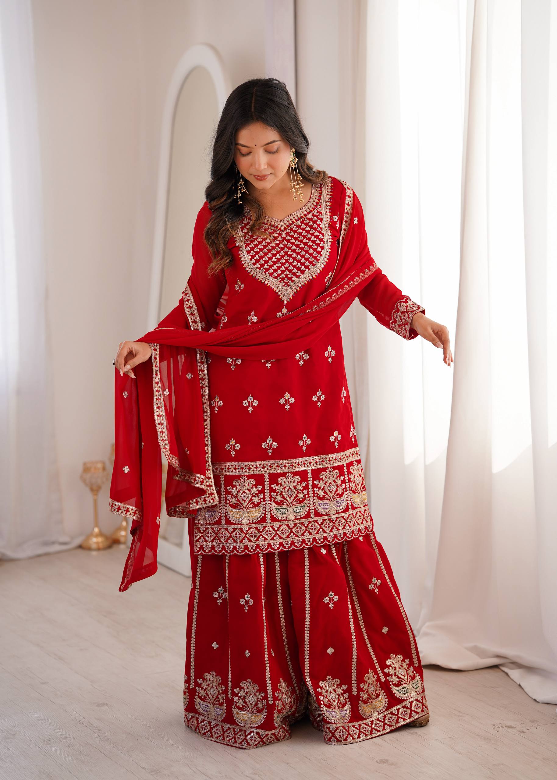 Mehrang Red Georgette Embroidered Sharara Set with Dupatta