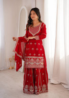 Mehrang Red Georgette Embroidered Sharara Set with Dupatta