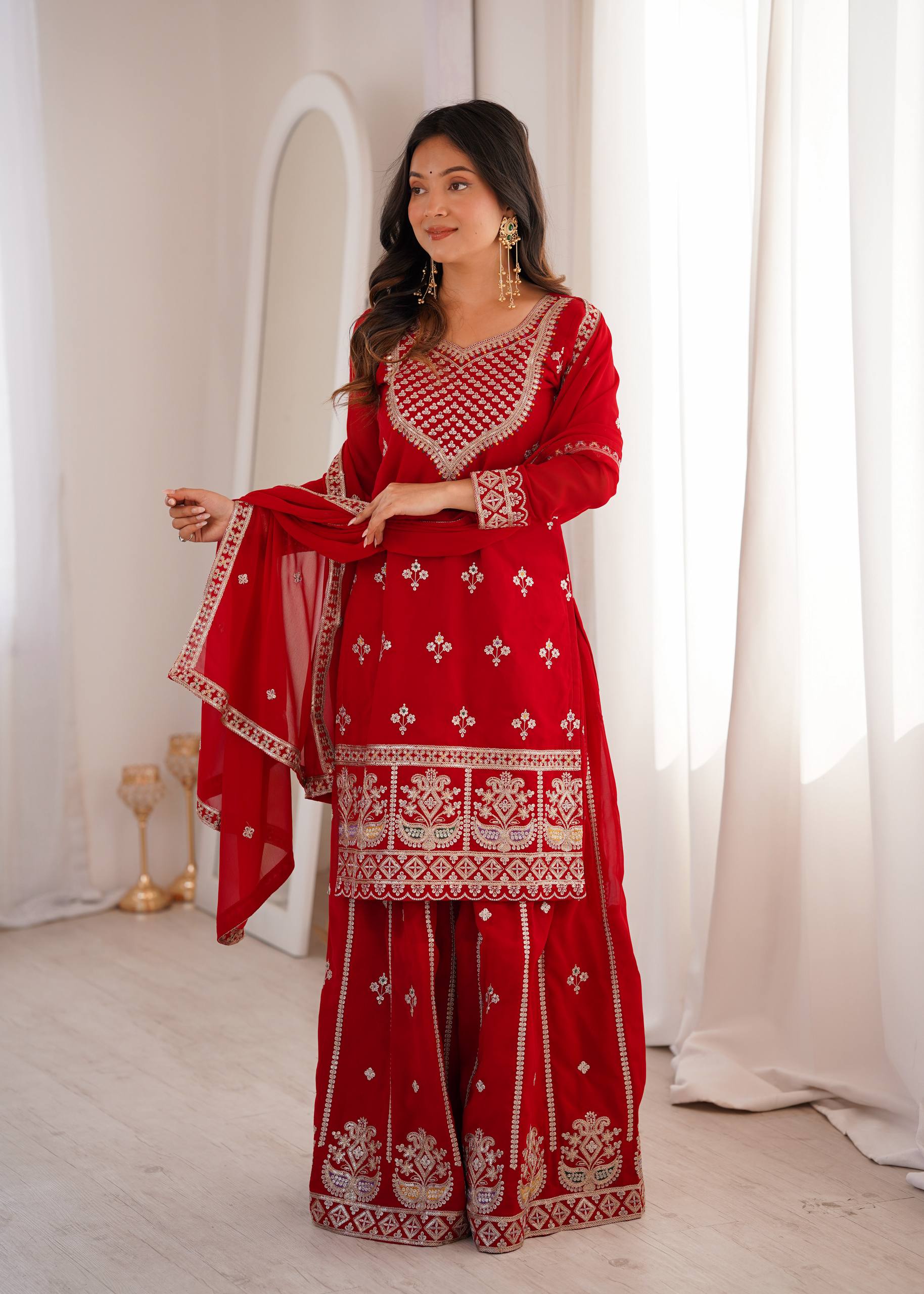 Mehrang Red Georgette Embroidered Sharara Set with Dupatta