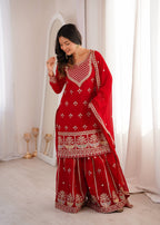 Mehrang Red Georgette Embroidered Sharara Set with Dupatta