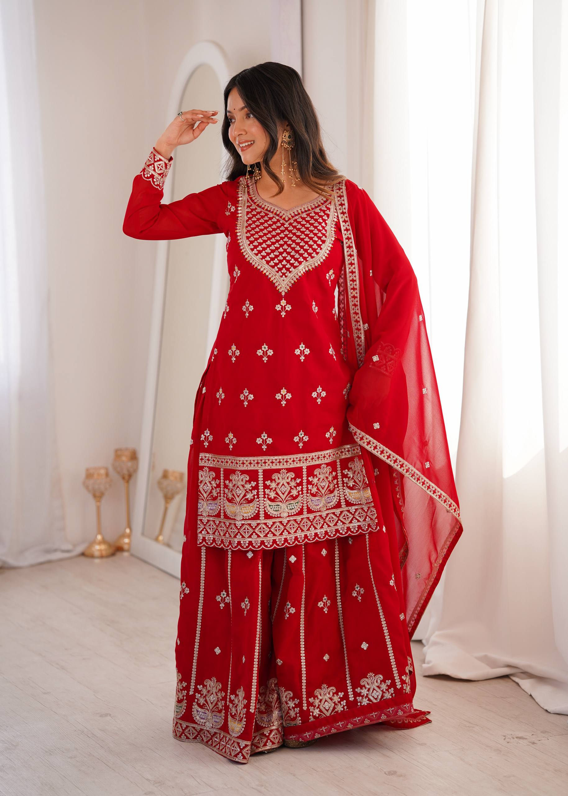 Mehrang Red Georgette Embroidered Sharara Set with Dupatta